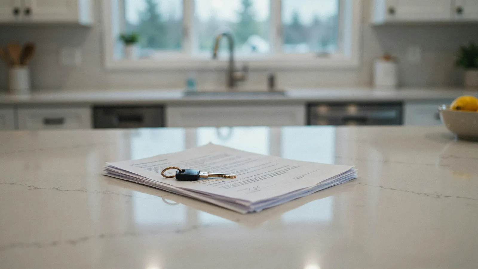 House keys resting on sale paperwork on a kitchen counter, a cash offer on a home in Lethbridge
