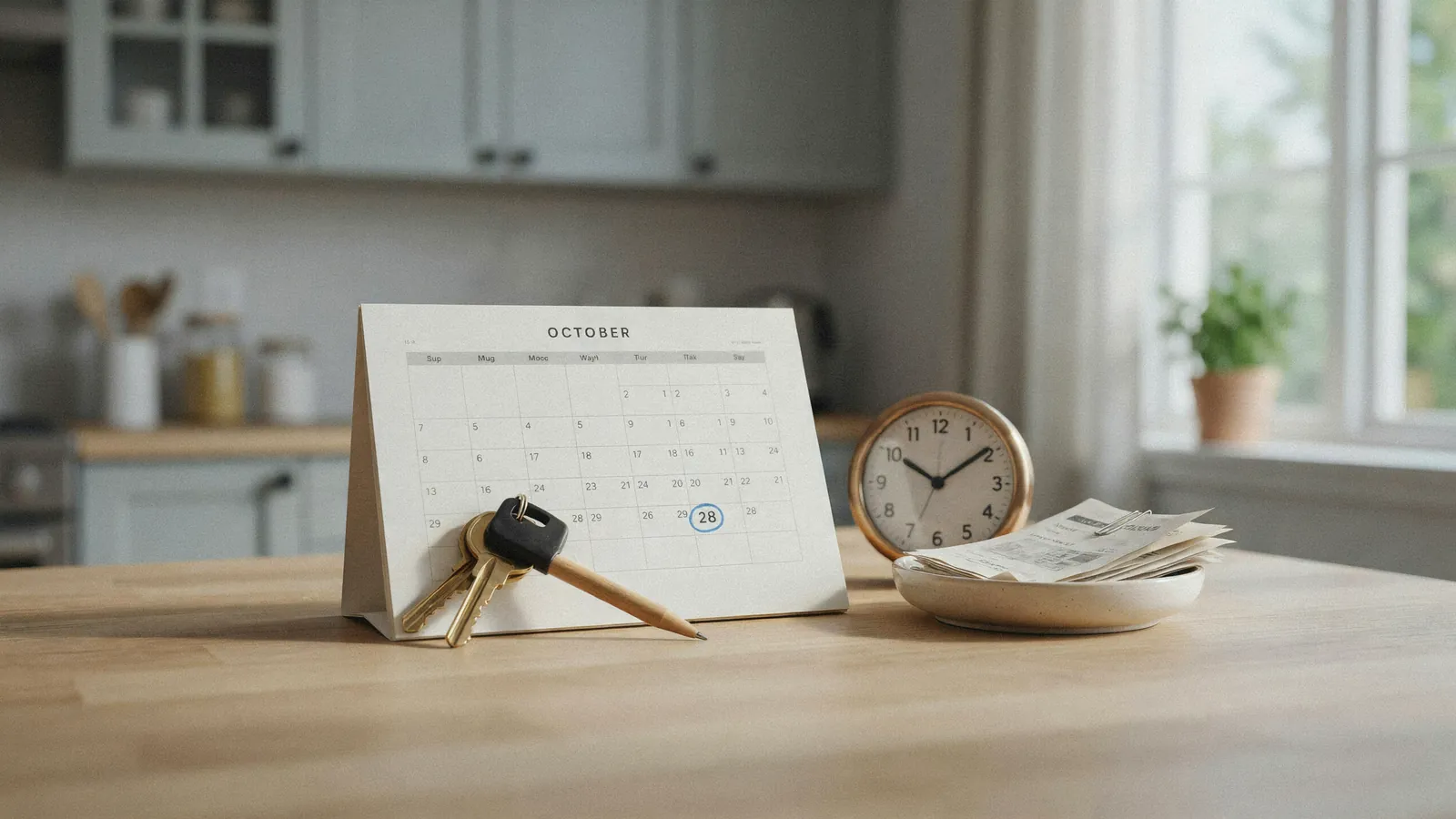 House keys resting beside a paper calendar with a date circled, marking the foreclosure timeline in Lethbridge