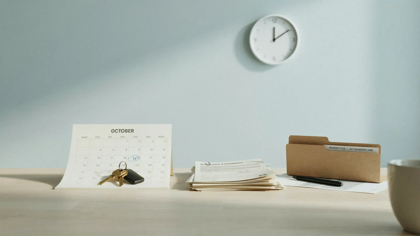 A residential property file open on a desk with calendar pages and a pen, showing how the foreclosure process in Lethbridge moves stage by stage