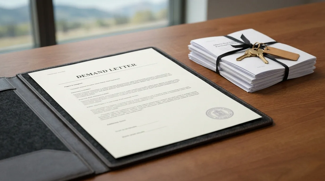 Mortgage paperwork and a demand letter on a desk, refinancing to stop foreclosure in Lethbridge