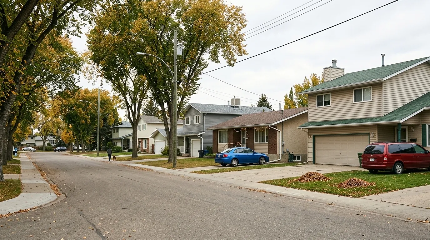 An ordinary residential street of Lethbridge homes, where a foreclosure can reach any stage of the process